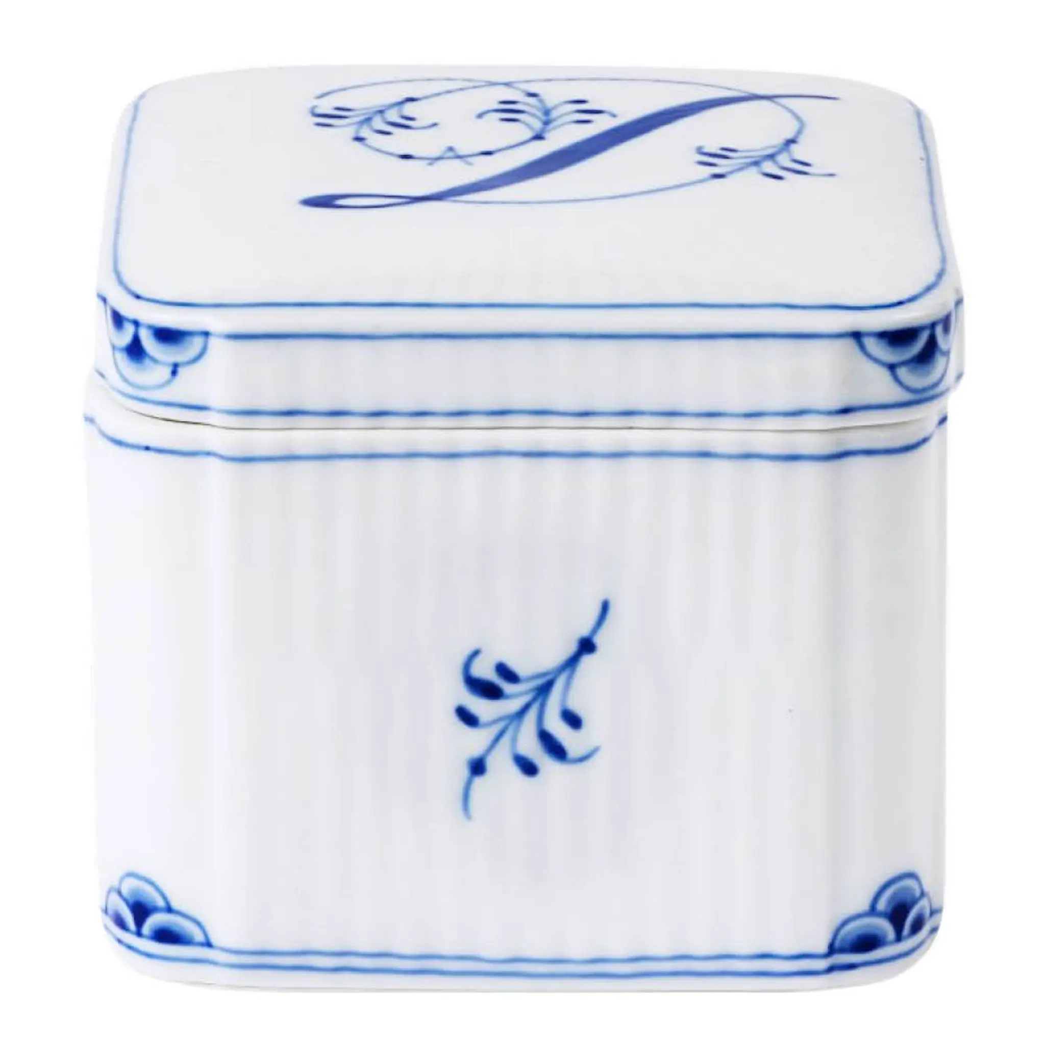 Royal Copenhagen Alphabet Collection firkantet bonbonniere D 13 cl blå/hvit