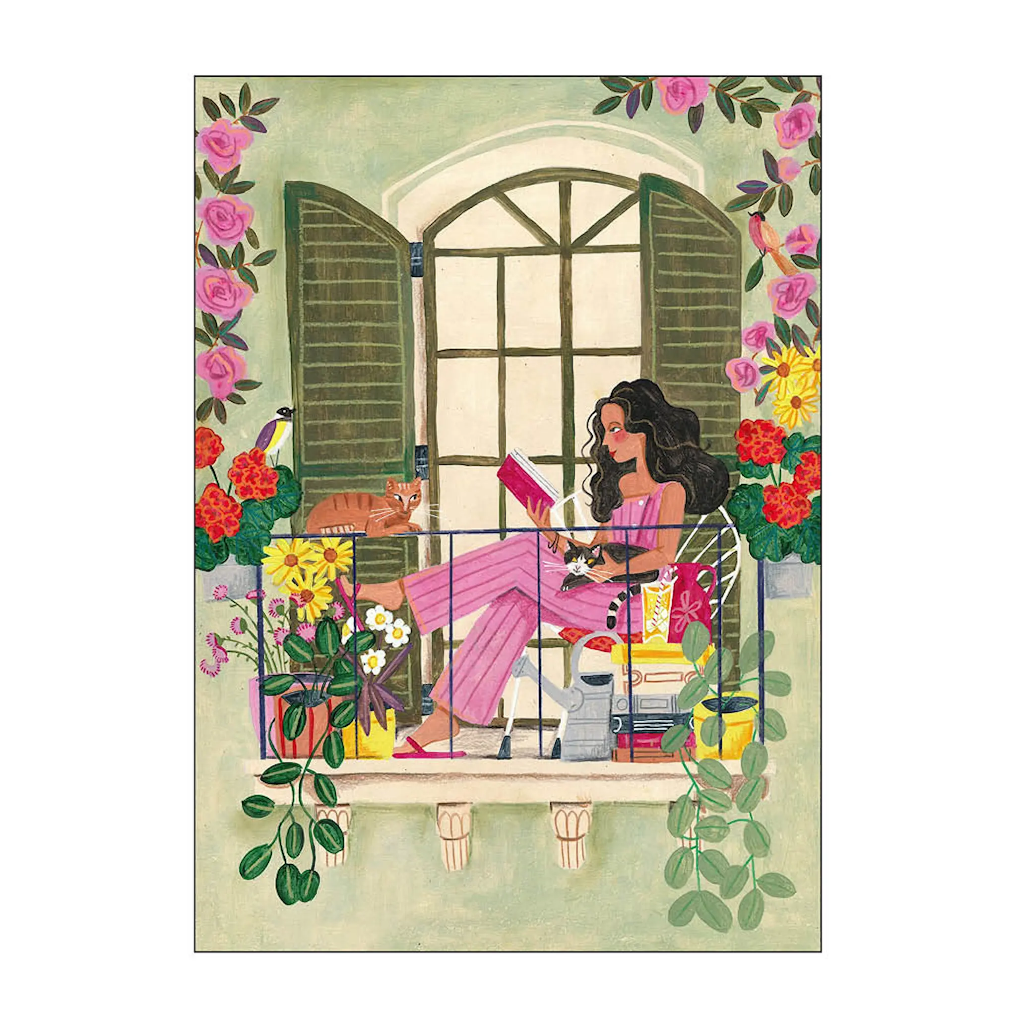 Poster & Frame Caroline Bonne Müller Juliste 30x40 cm Woman reads on balcony with cats