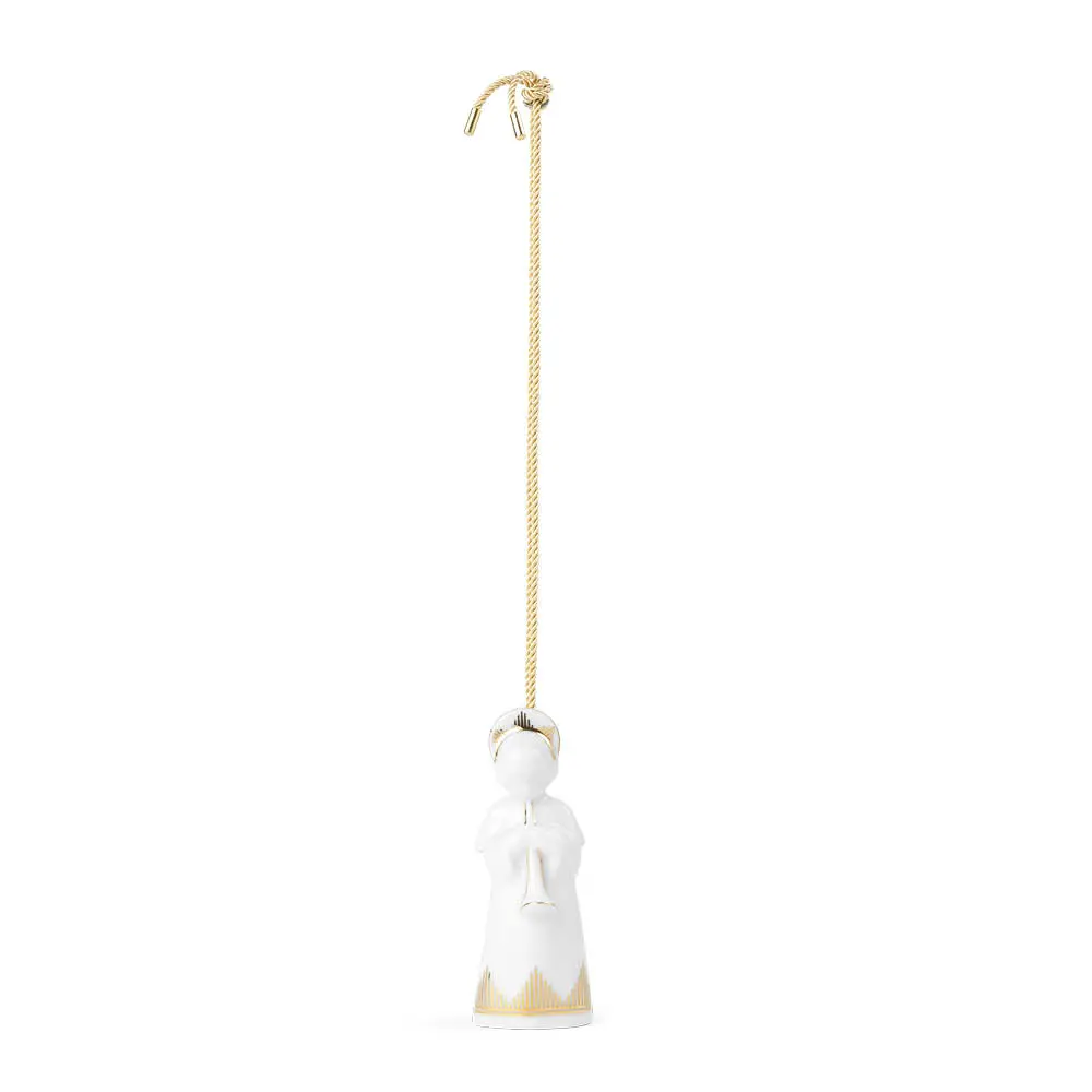Juleengel med trompet 9,5 cm hvit/gull