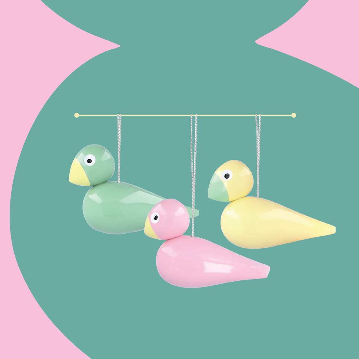 Kay Bojesen Denmark Songbird Puulintu 5 cm 3 kpl Vihreä/Keltainen/Roosa