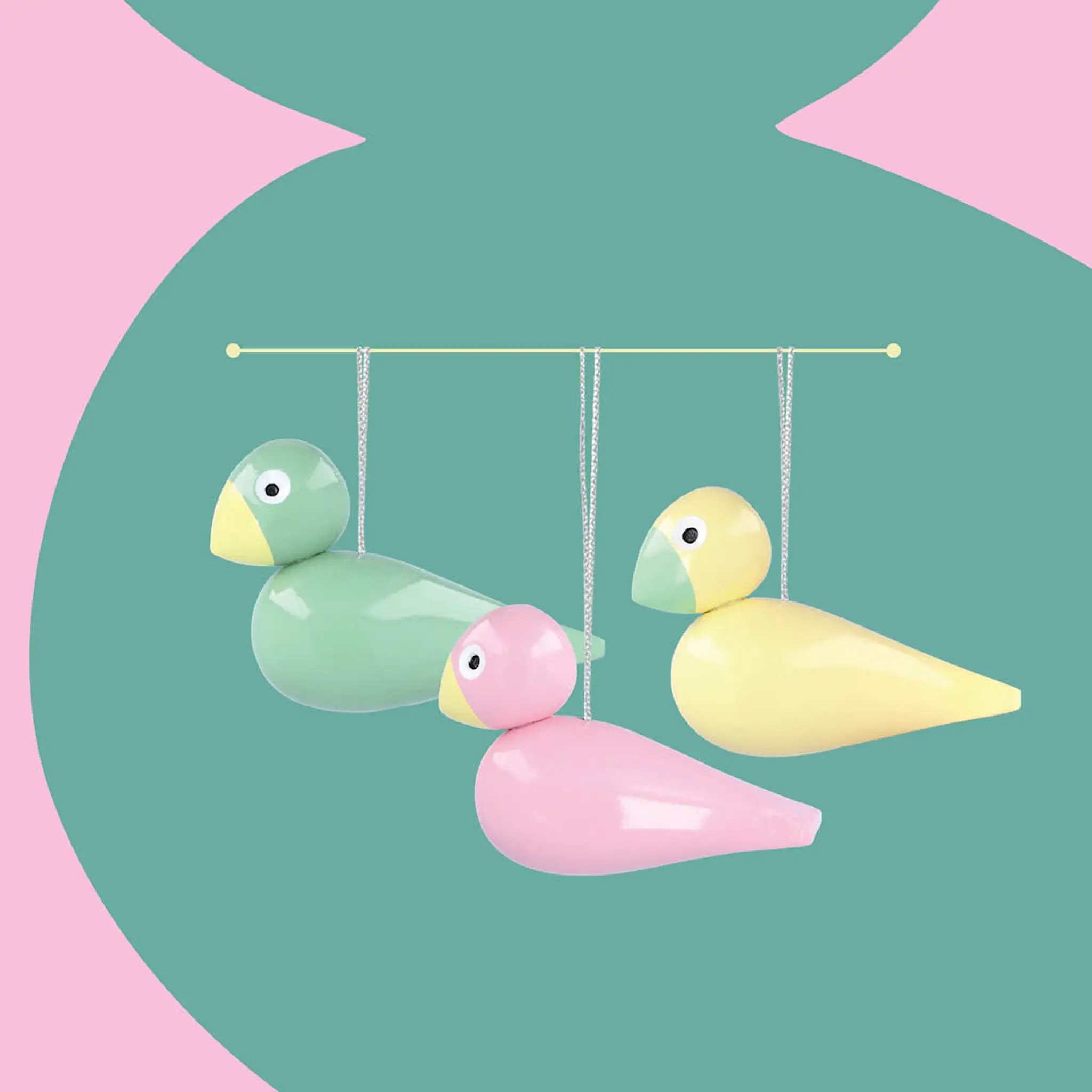 Kay Bojesen Denmark Songbird Puulintu 5 cm 3 kpl Vihreä/Keltainen/Roosa