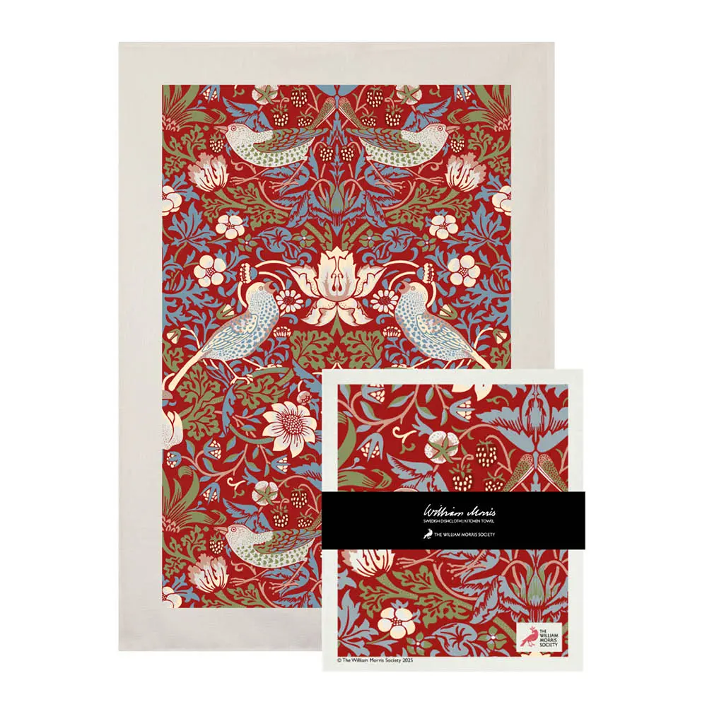 William Morris keittiöpyyhe & tiskirätti nauhalla Strawberry Thief