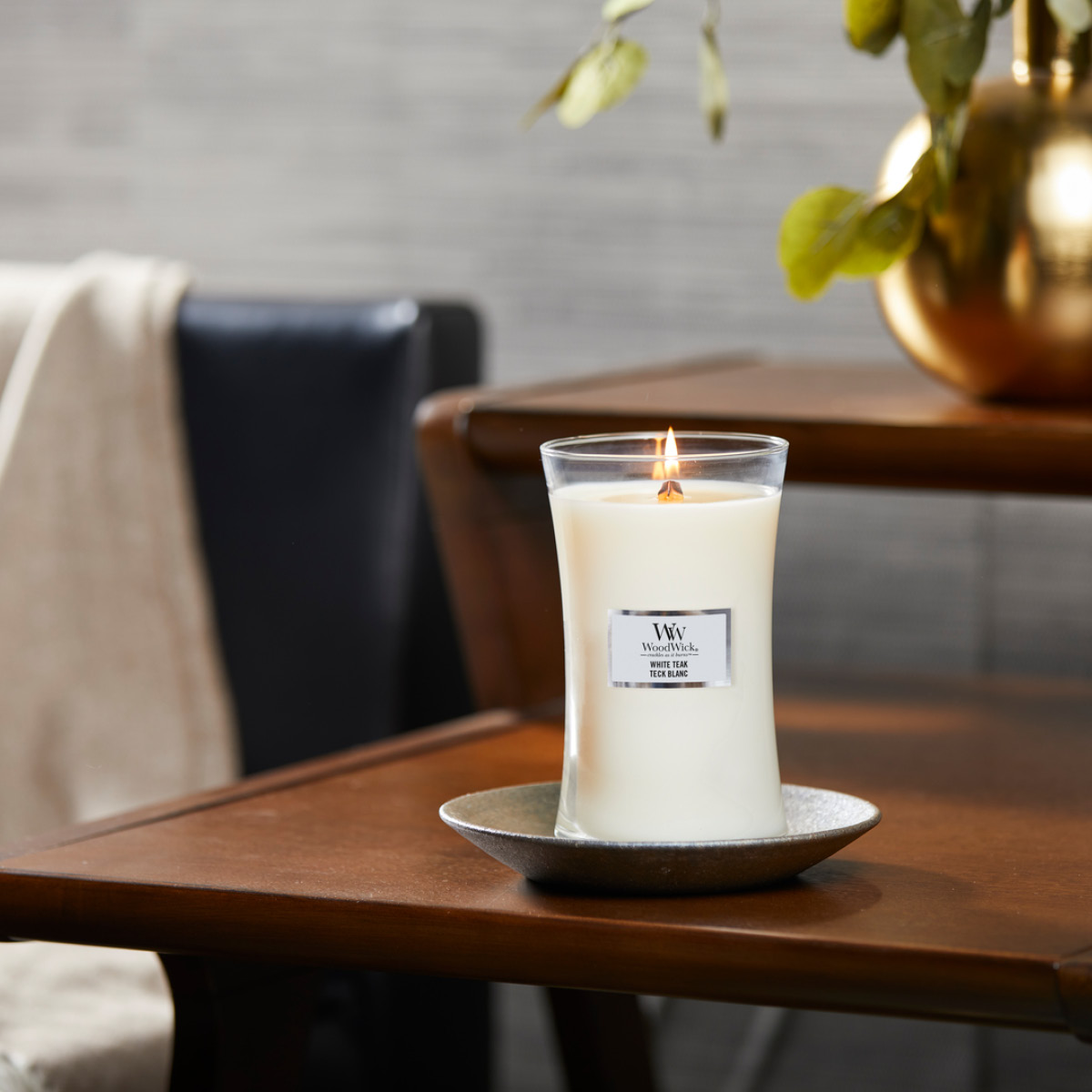 WoodWick Hourglass doftljus stor white teak