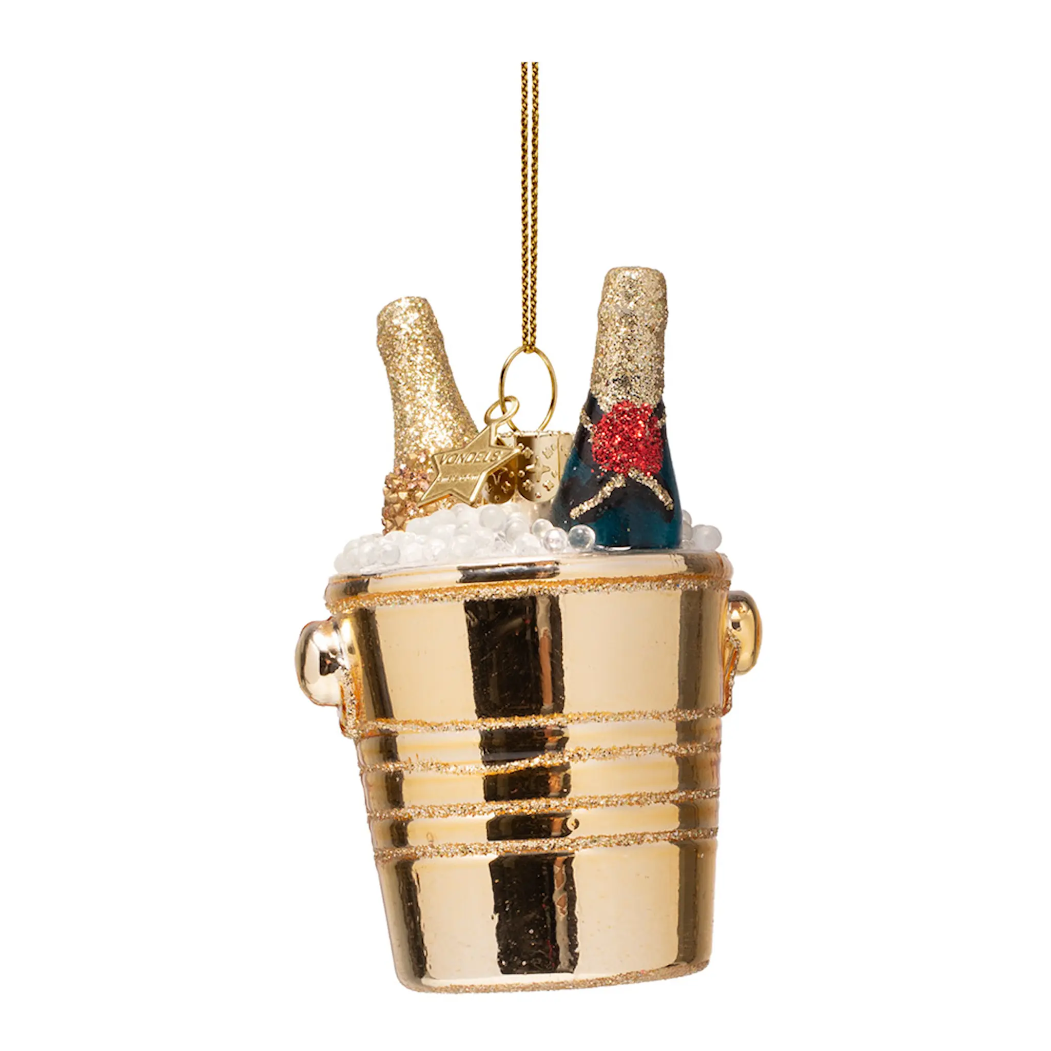 Vondels GirlsTrip julhänge i glas 7 cm Champagneflaskor i hink guld