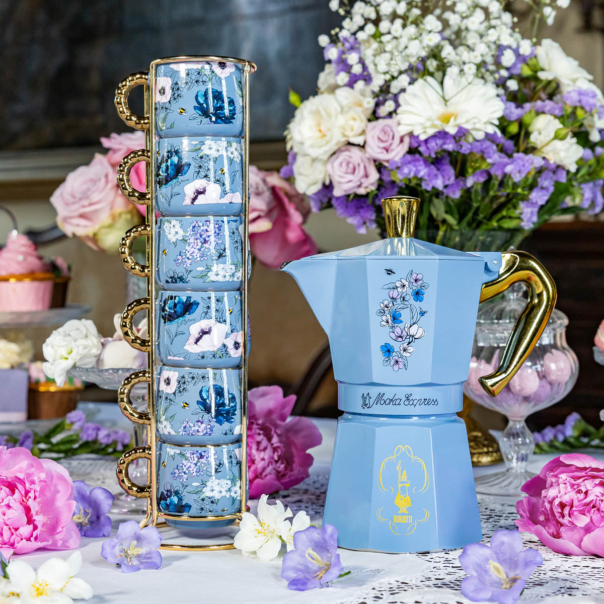 Bialetti Bridgerton espressokopp 6 cl 6-pack med ställ blå/guld